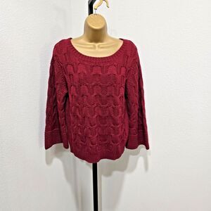Maroon Red Wool Blend Sweater Womens Med Cable Knit Flare Sleeve Office Career